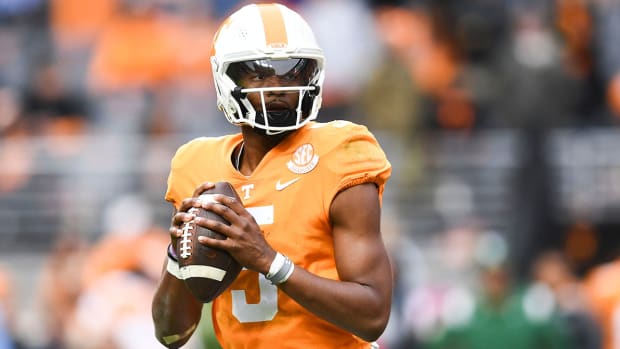 Hendon Hooker holding the ball for Tennessee
